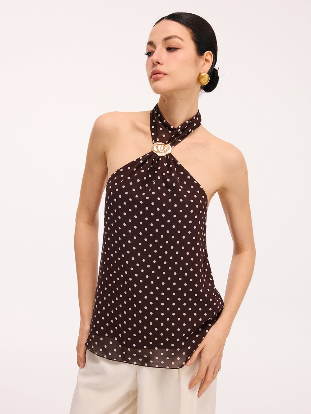 Commense Polka Dot Halter Neck Top in Chocolate Brown
